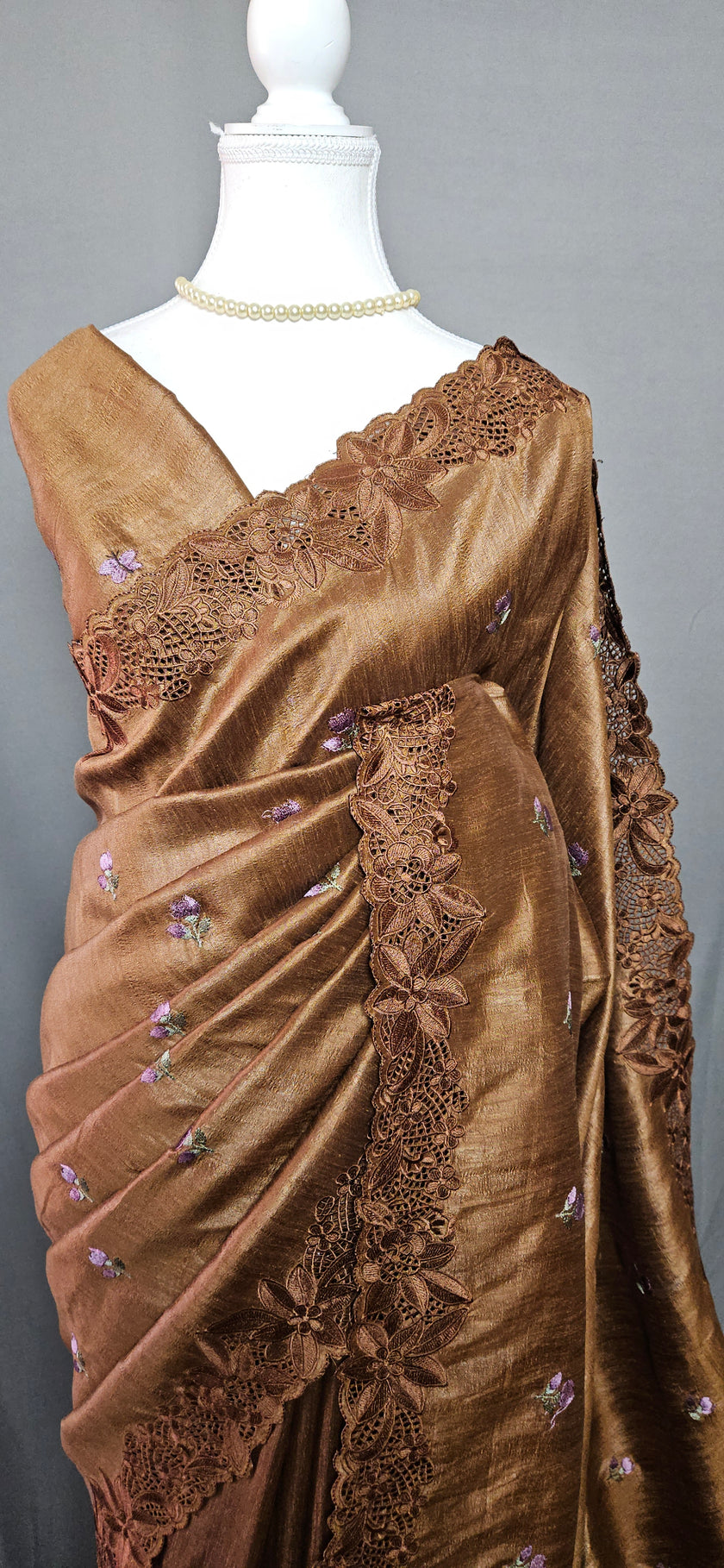 Whispering Aviary Soft Crush Tussar Cut Work Saree