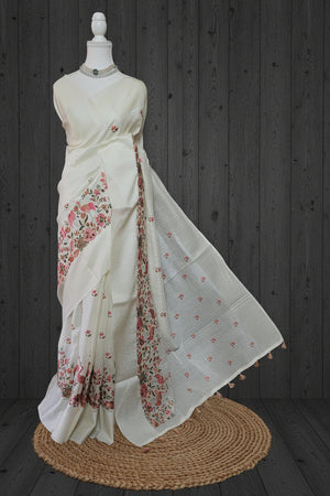 Thamara Whispers Jute Silk Saree with Satin Border & Bird Embroidery
