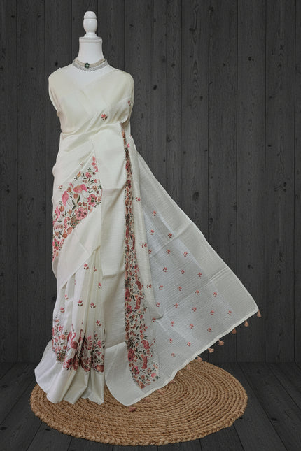 Thamara Whispers Jute Silk Saree with Satin Border & Bird Embroidery