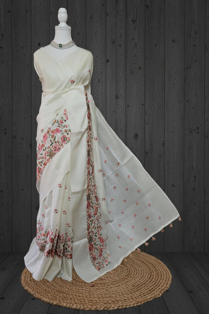 Thamara Whispers Jute Silk Saree with Satin Border & Bird Embroidery