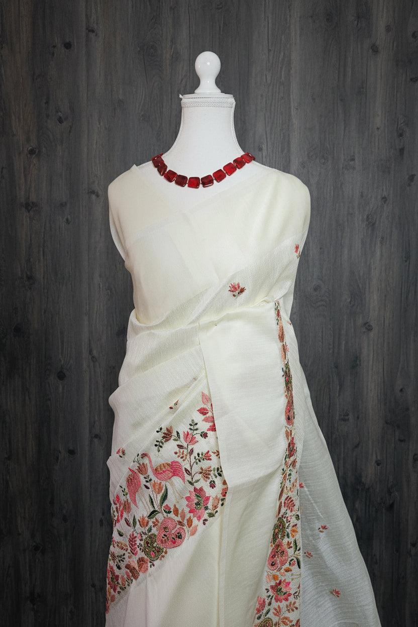 Thamara Whispers Jute Silk Saree with Satin Border & Bird Embroidery