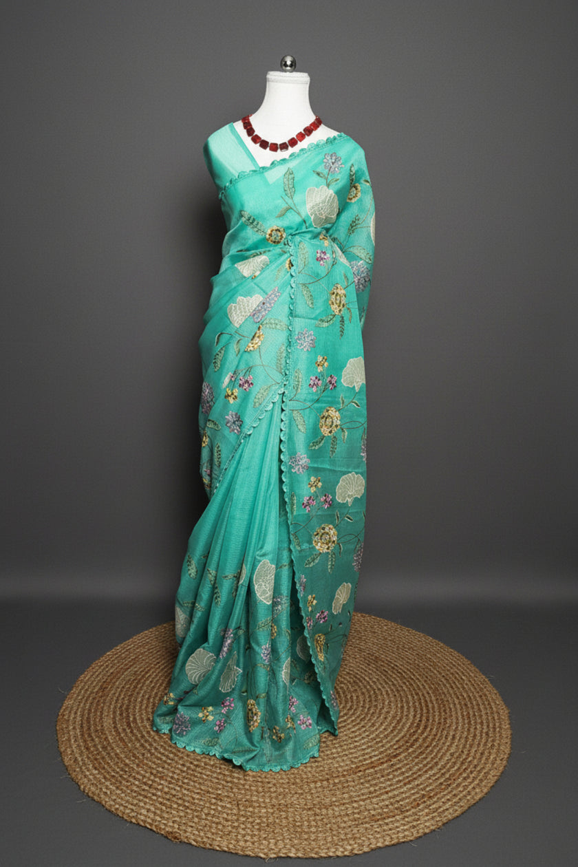 Aqua Blossom Silky Kota Saree