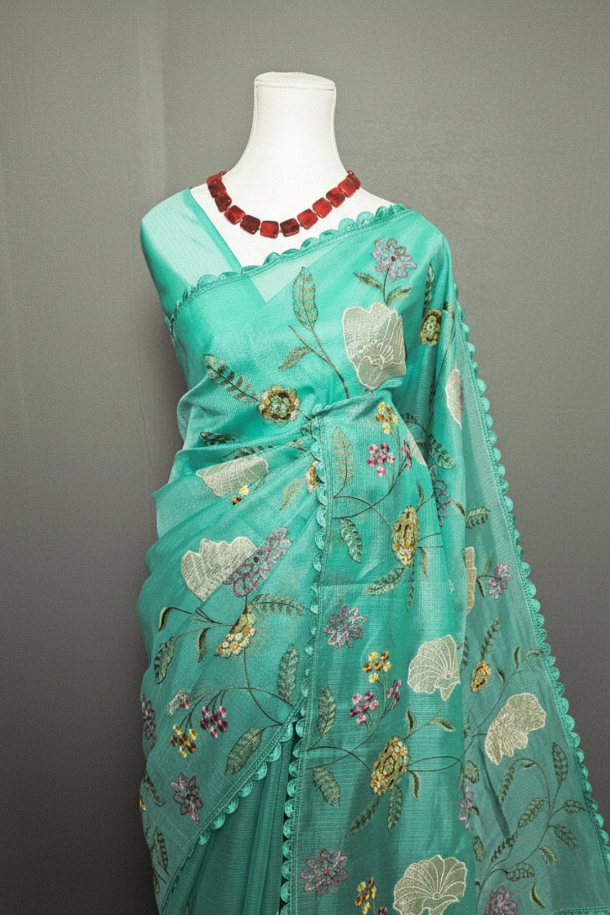 Aqua Blossom Silky Kota Saree