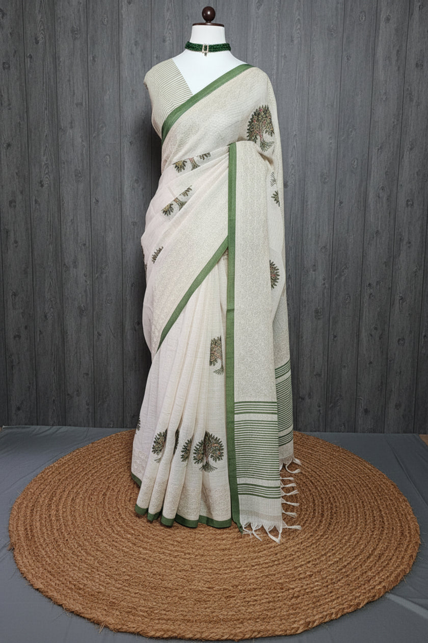 Tree of Life Linen Cotton Saree