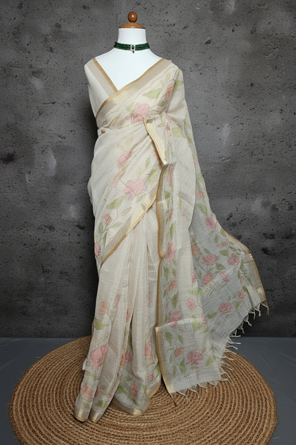 Blush Bloom Linen Tissue Saree with Aari Work