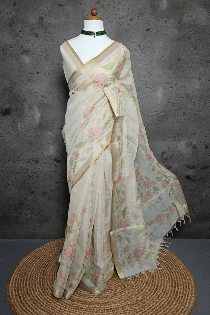 Blush Bloom Linen Tissue Saree with Aari Work