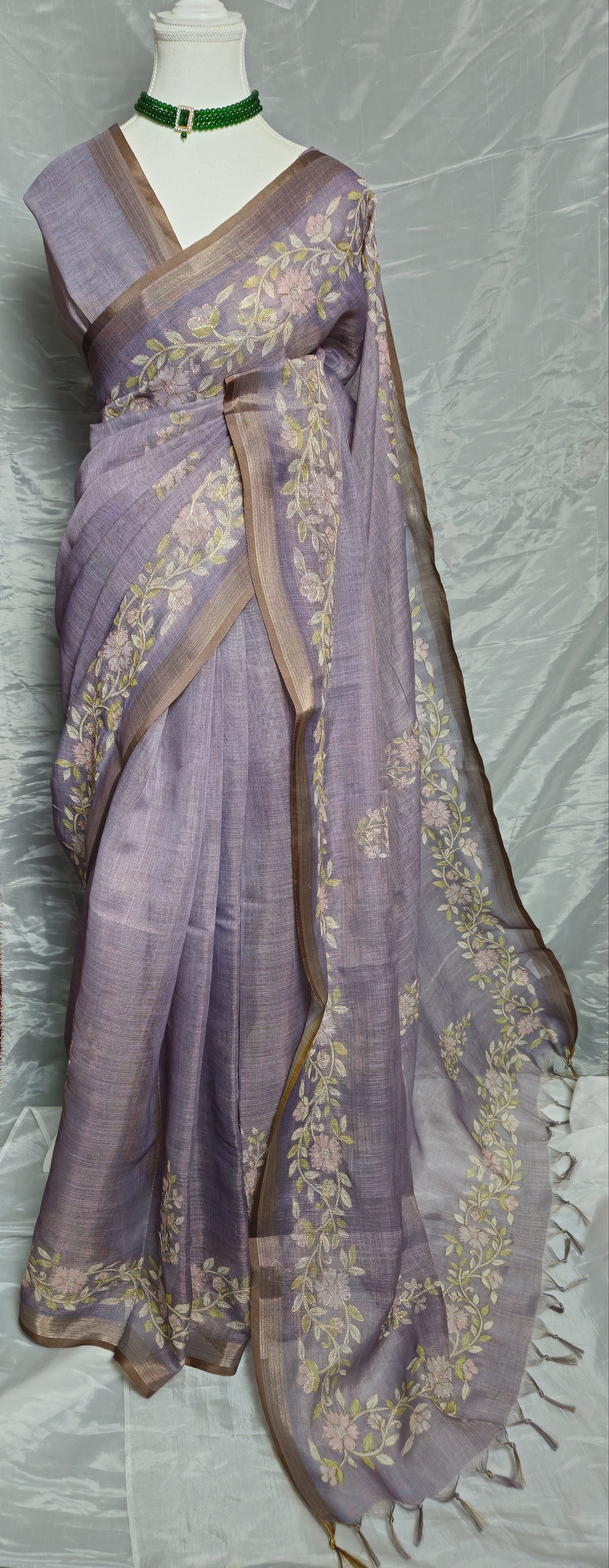 Lavender Vines Linen Tissue Saree