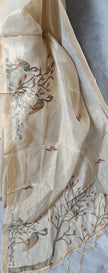 Ivory Tissue Saree – Flamingo Digital Print with Embroidered Detailing