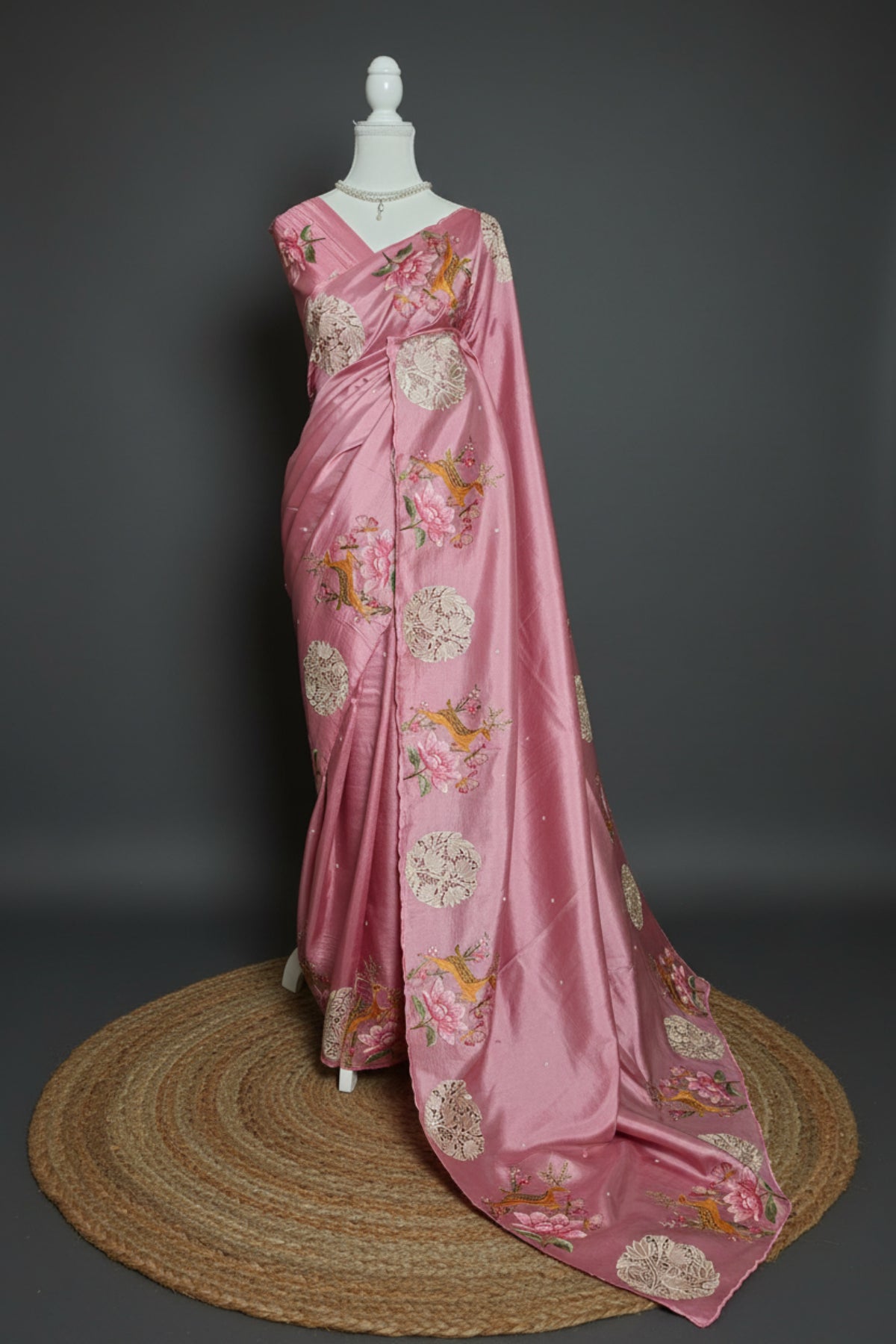 Blossom Bird Appliqué Raw Silk