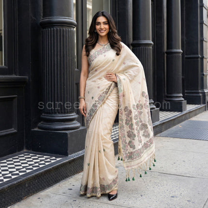 Classic Beige Muga Silk Saree with Floral Motifs - Saree Haveli Blue-Green