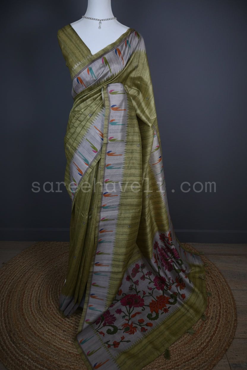 Ikat Bloom Tussar Silk Saree