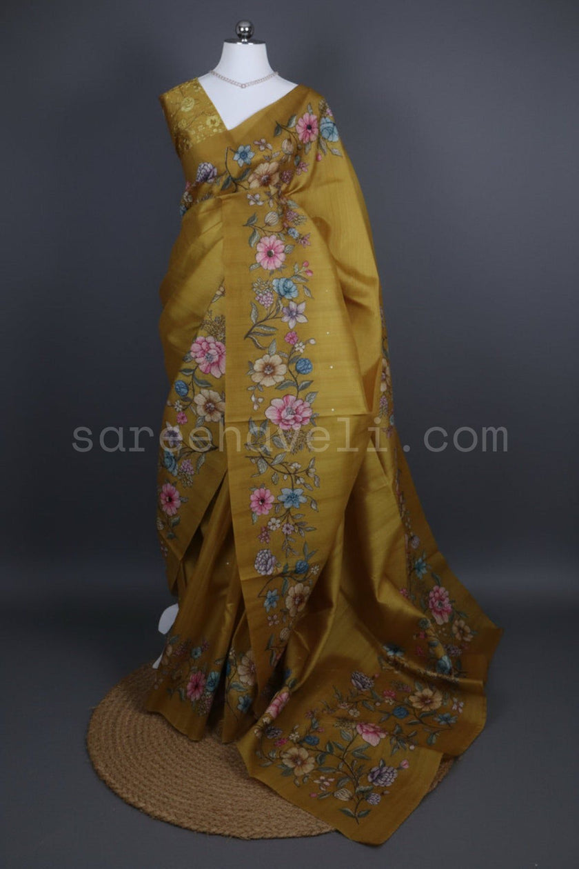 Mustard Bloom Tussar Silk Saree