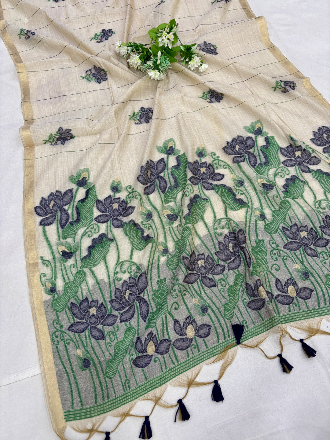 Cream & Blue Muga Cotton Saree with Resham Pallu