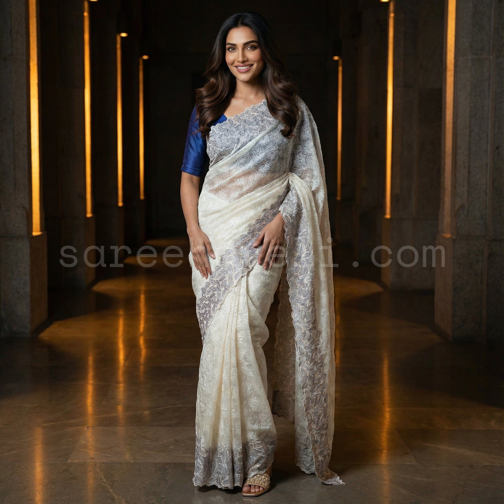 Phulkari NetKota Embroidery Saree - Saree Haveli Leaf Design-Blue