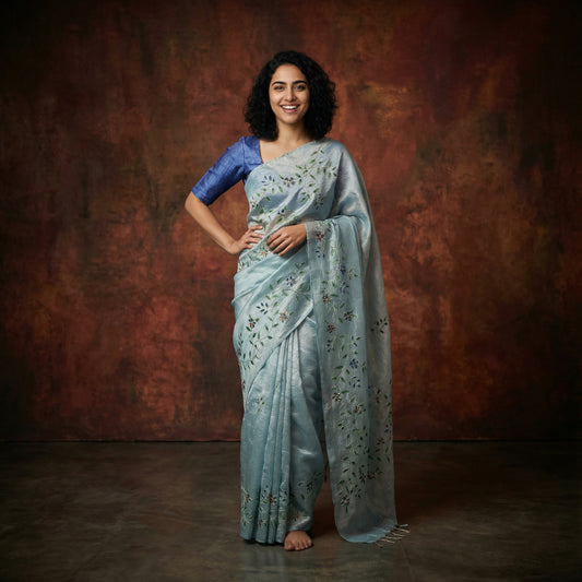 Crush silk Saree with Kantha Embroidery