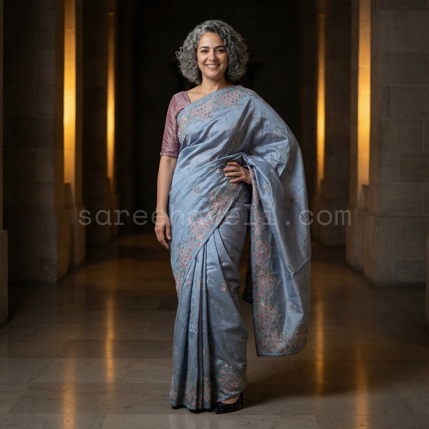 Embroidered Tussar -Blue - Saree Haveli Default Title