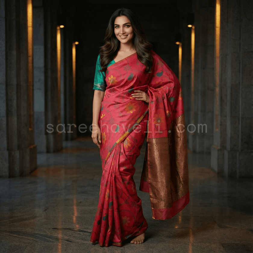 Floral Raga Soft Silk Saree - Saree Haveli Red Soft Silk