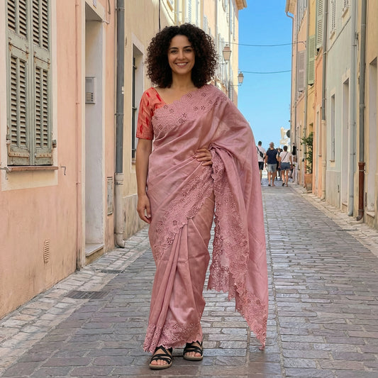 Elegant Soft Tussar Saree with Floral Cutwork