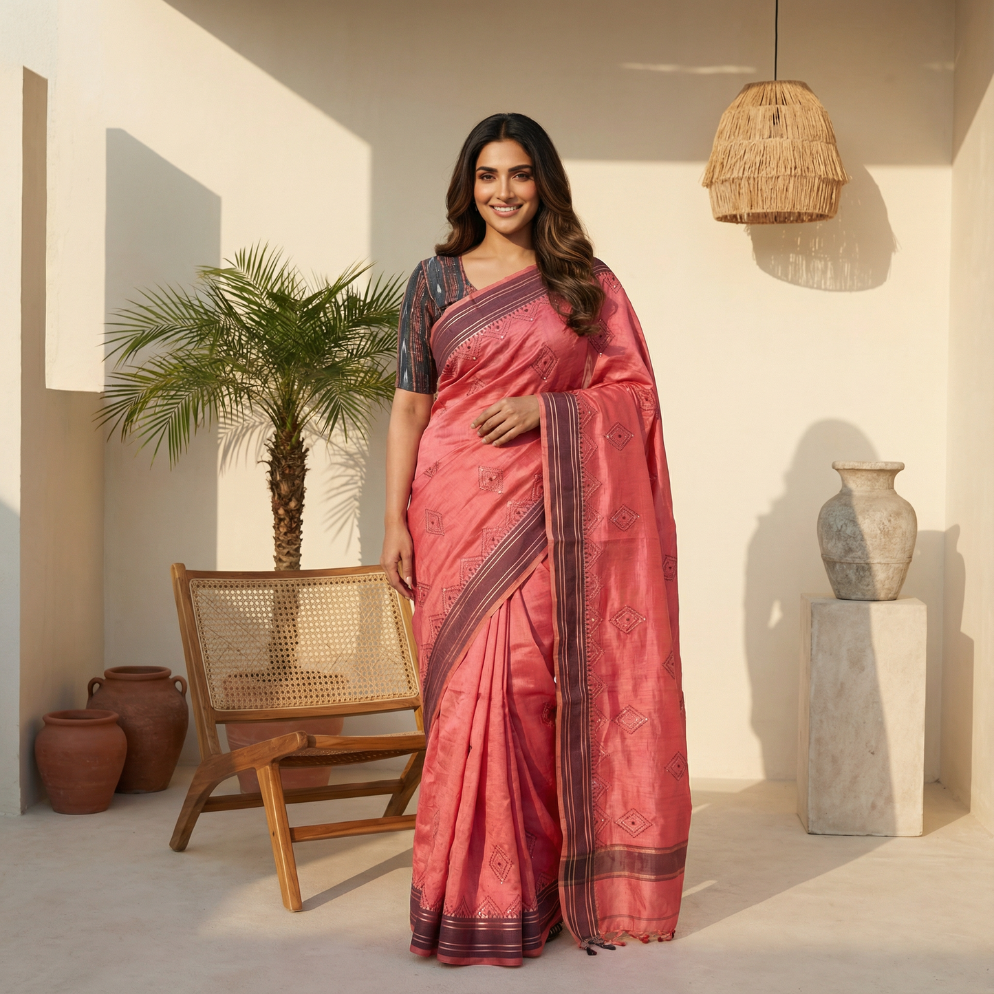 Soft Tussar Saree with Geometric Motifs and Contrast Border