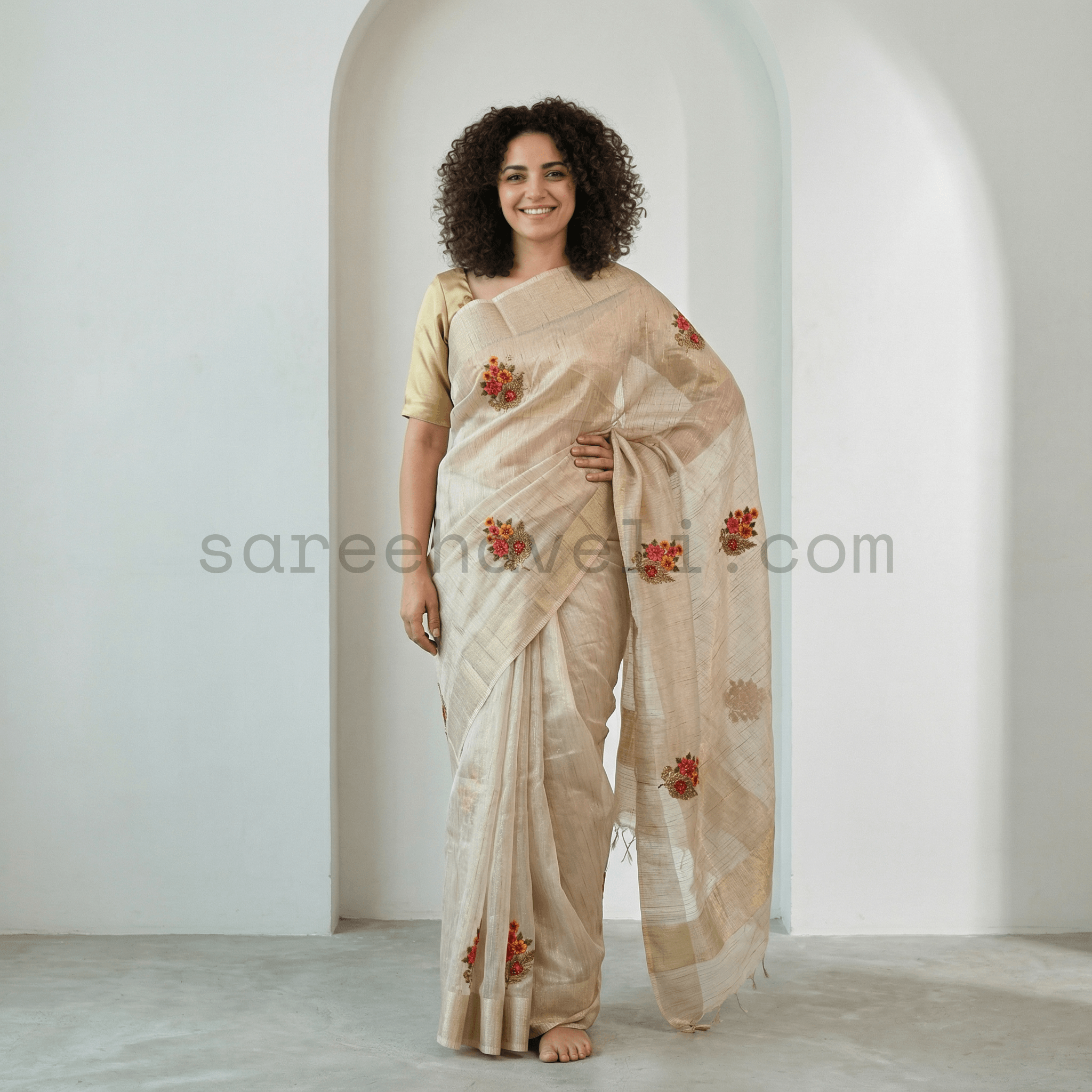 Fancy Saree-with thread work - Saree Haveli Beige
