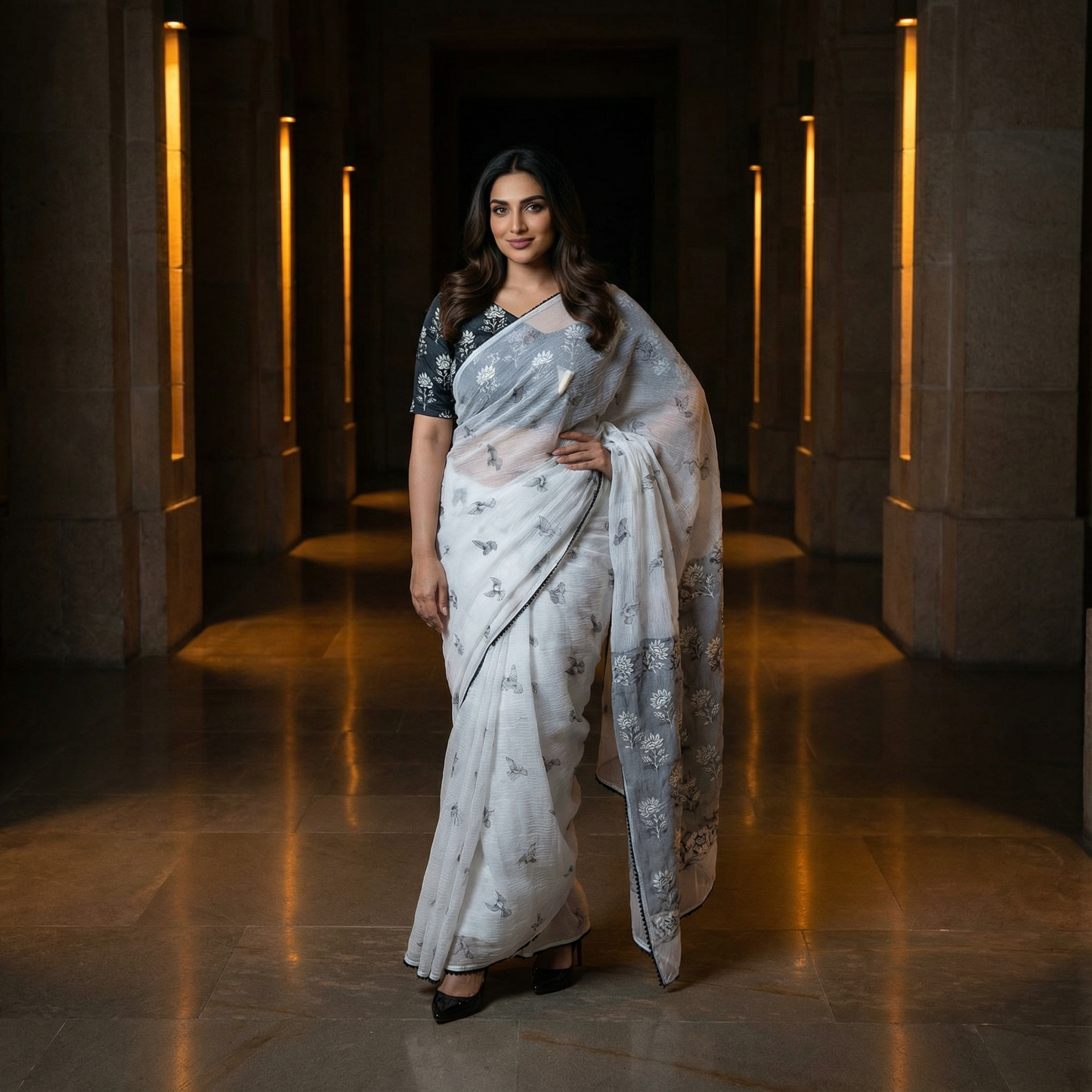 White Paper Crush Saree with Dove Motifs