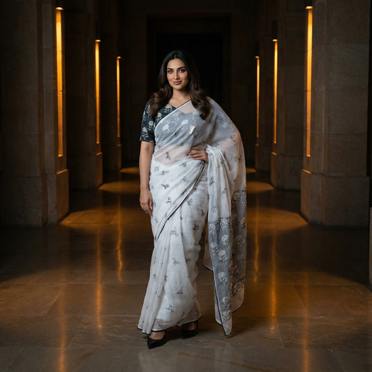 White Paper Crush Saree with Dove Motifs