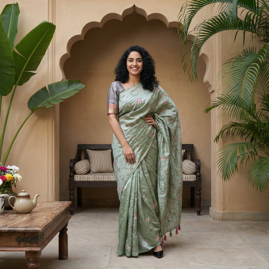 Sage Bloom Tussar Saree