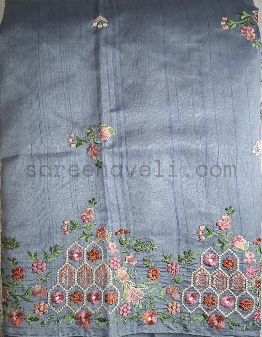 Embroidered Tussar -Blue - Saree Haveli Default Title