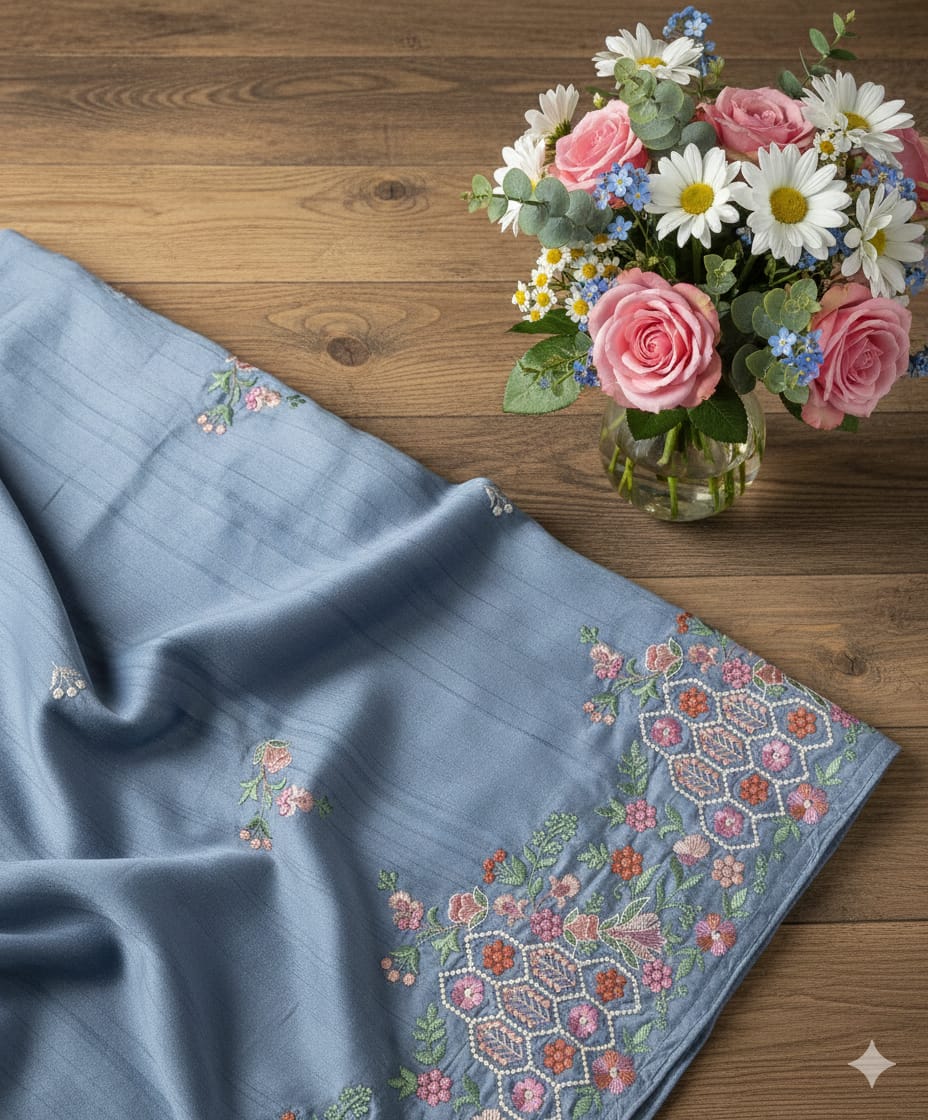 Embroidered Tussar -Blue