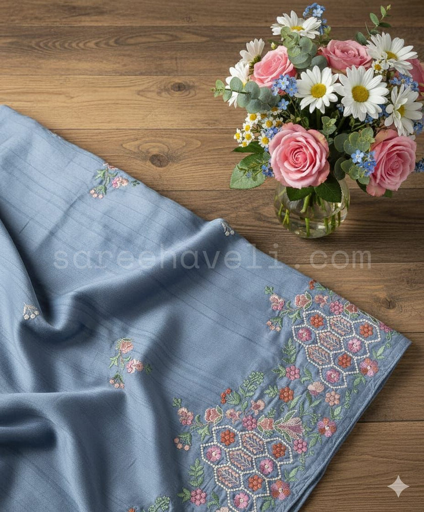 Embroidered Tussar -Blue - Saree Haveli Default Title