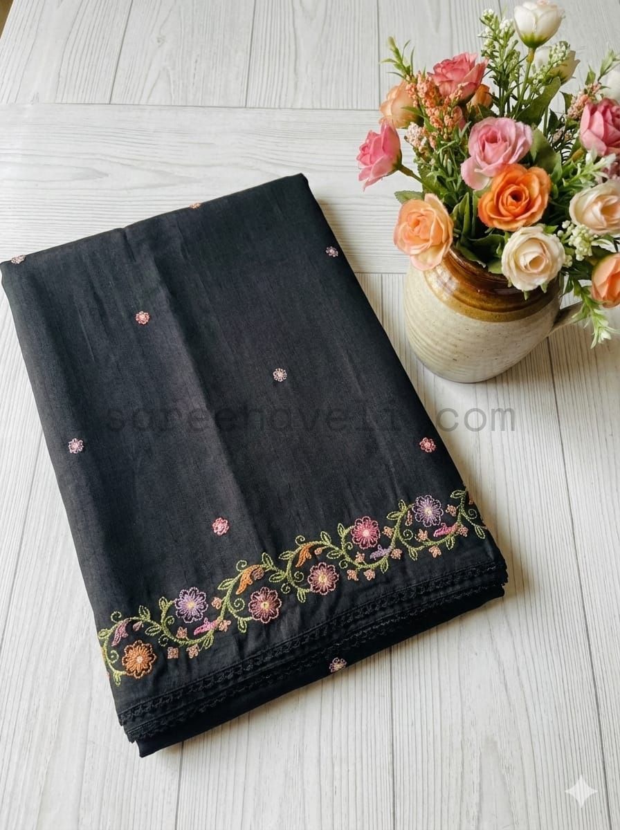 Black Tussar Saree with multicolored floral vine Embroidery
