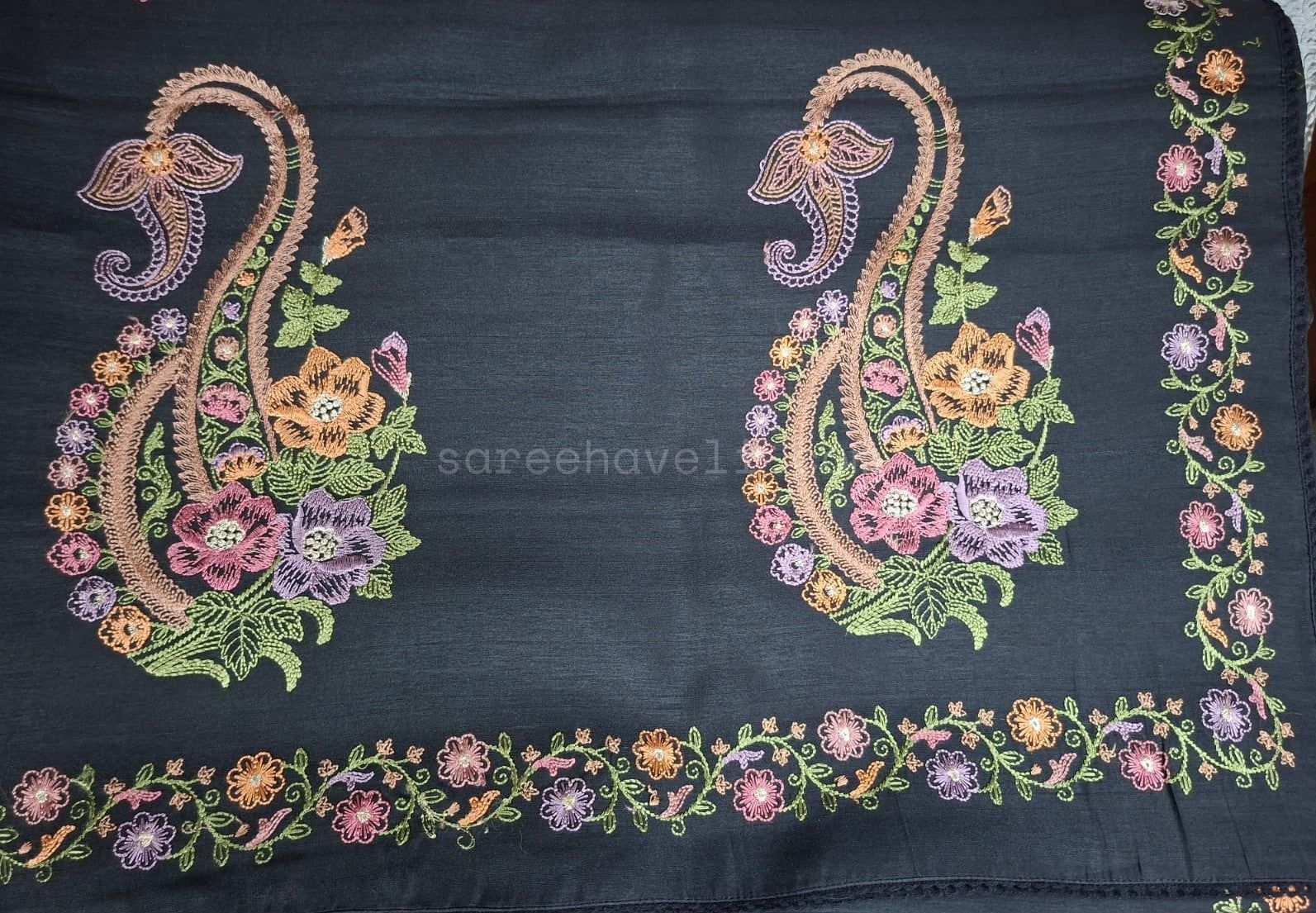 Black Tussar Saree with multicolored floral vine Embroidery