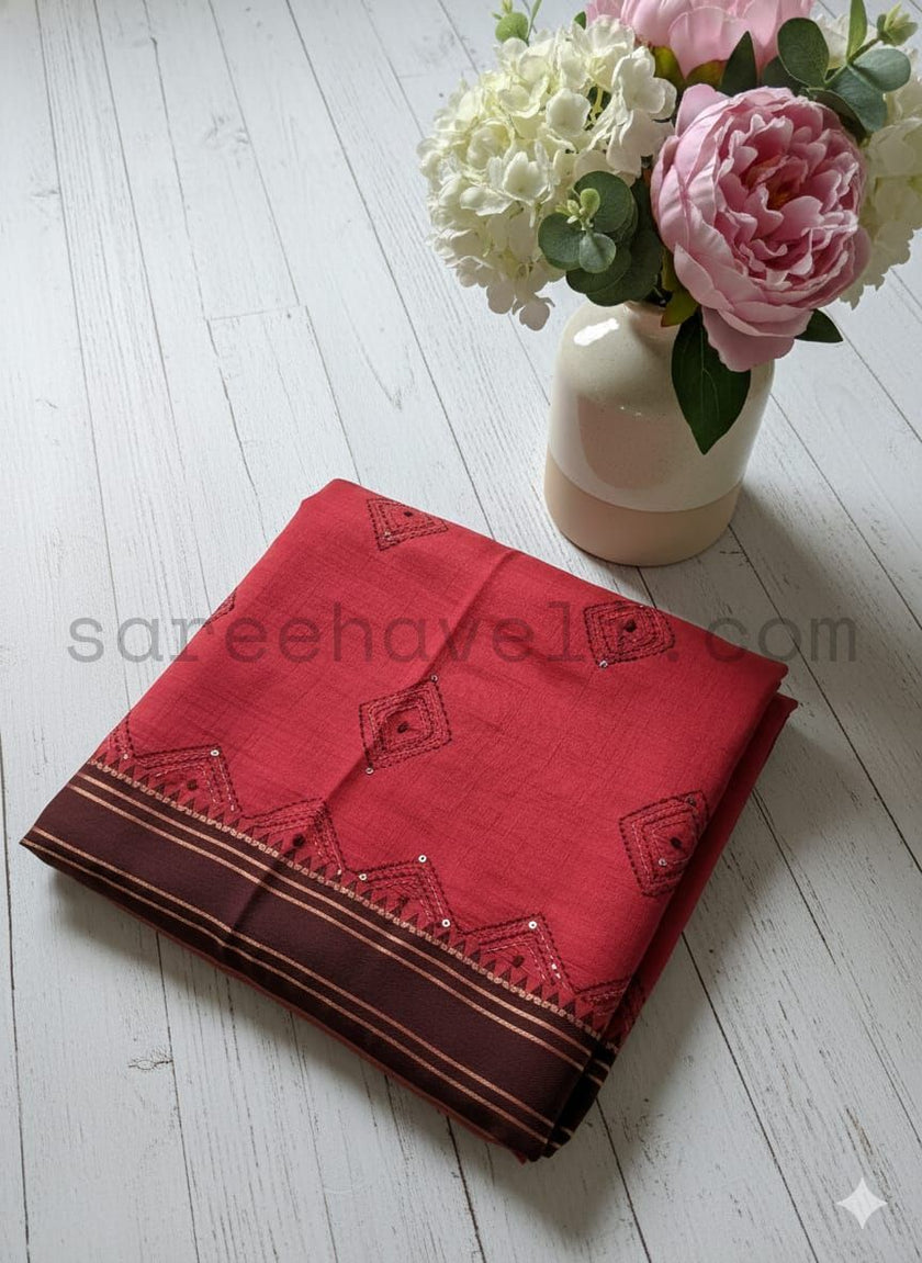 Soft Tussar Saree with Geometric Motifs and Contrast Border - Saree Haveli Default Title