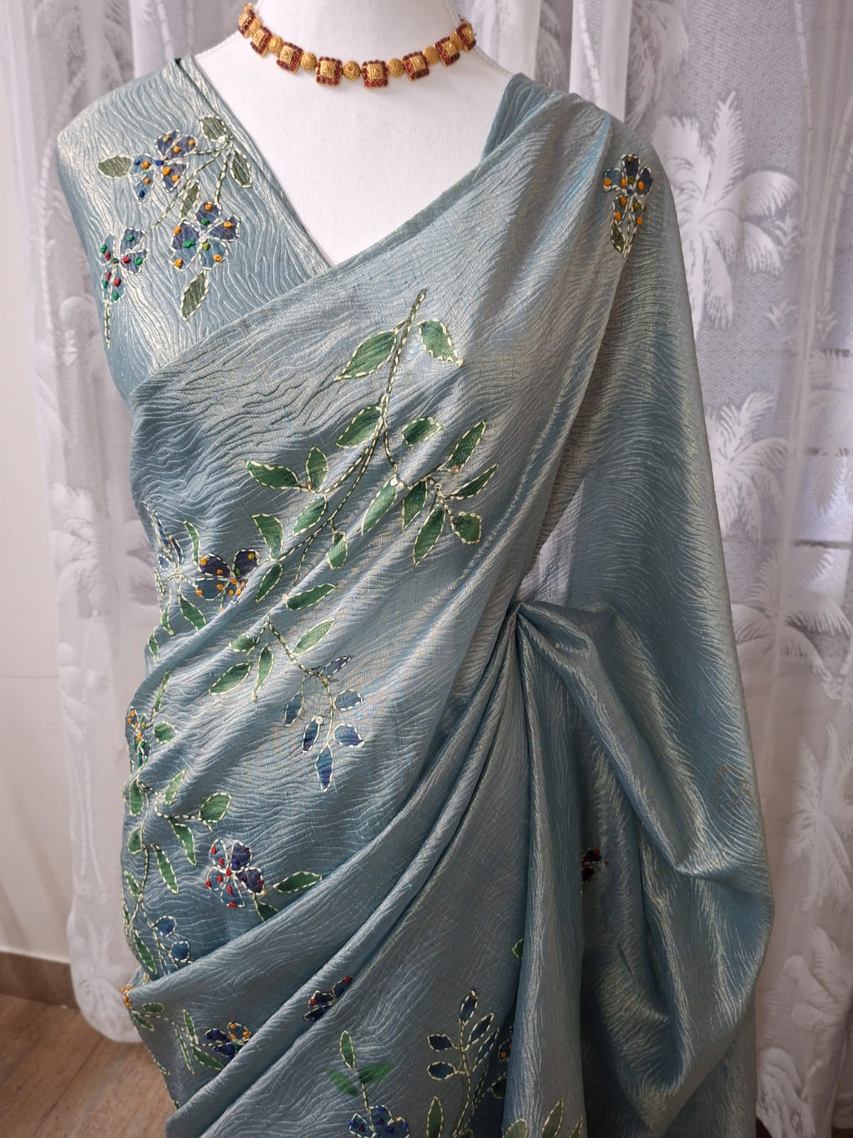 Crush silk Saree with Kantha Embroidery