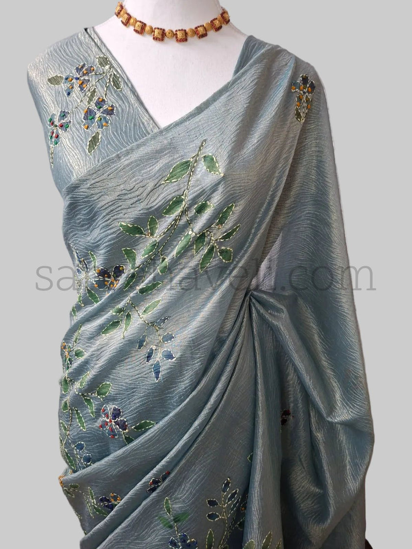 Crush silk Saree with Kantha Embroidery - Saree Haveli Default Title Crush Silk