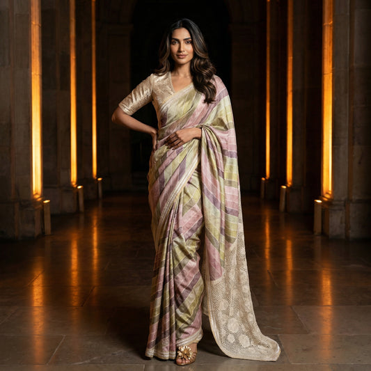 Pastel Grid Tussar Silk Saree