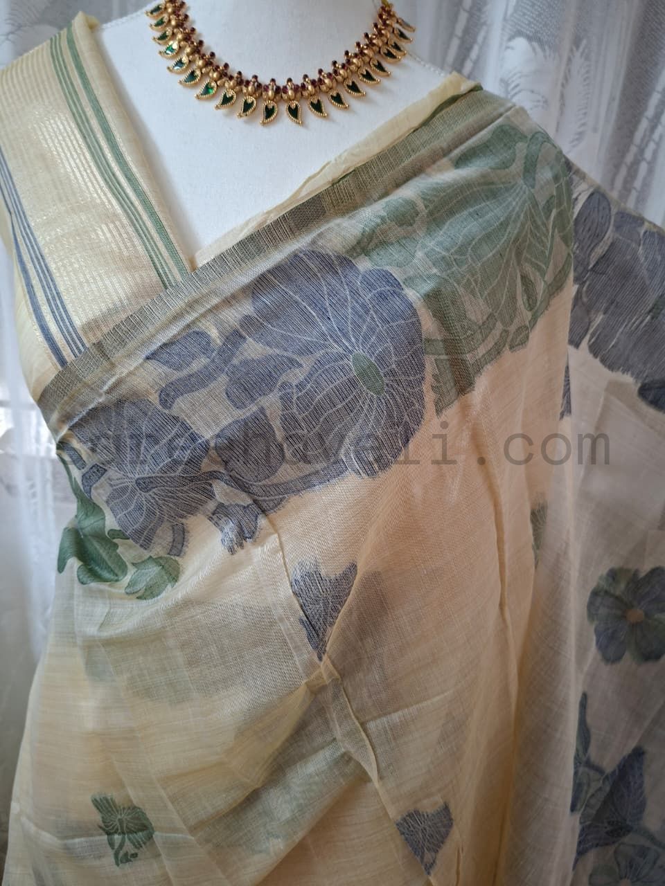 Classic Beige Muga Silk Saree with Floral Motifs - Saree Haveli Blue-Green