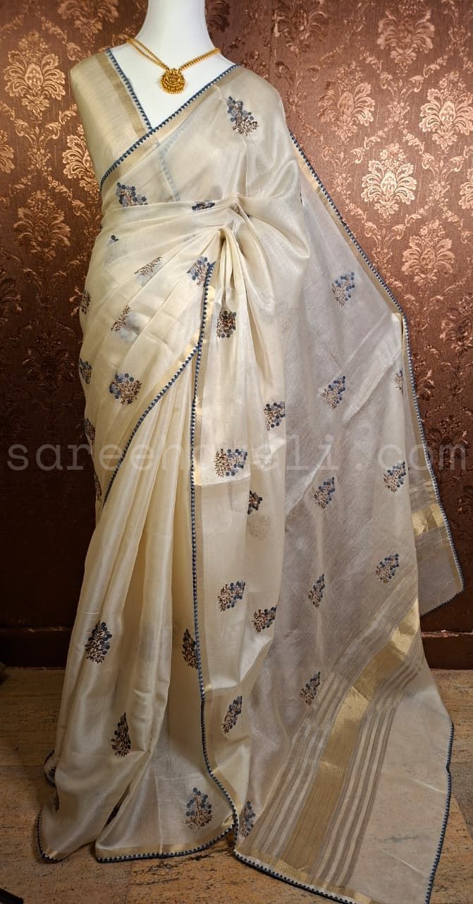 Floral Grace Mul Chanderi - Saree Haveli Blue