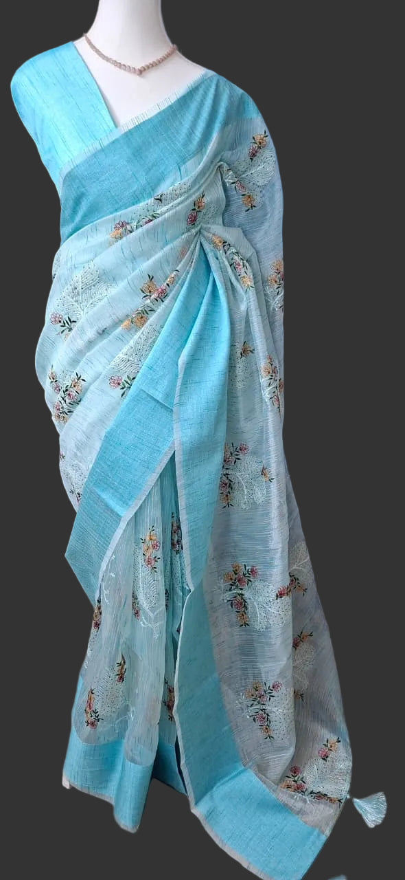 Fancy Saree-with thread work - Saree Haveli Light Blue