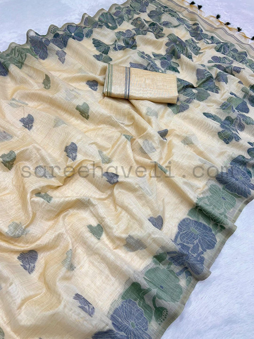 Classic Beige Muga Silk Saree with Floral Motifs - Saree Haveli Blue-Green