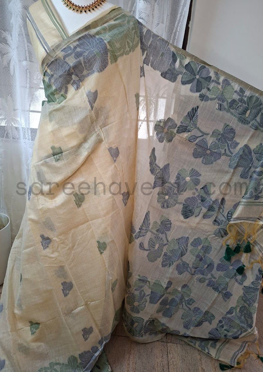 Classic Beige Muga Silk Saree with Floral Motifs - Saree Haveli Blue-Green