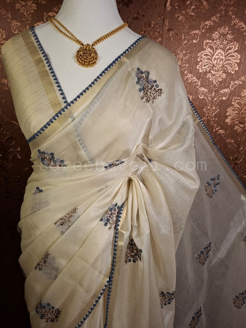 Floral Grace Mul Chanderi - Saree Haveli Blue