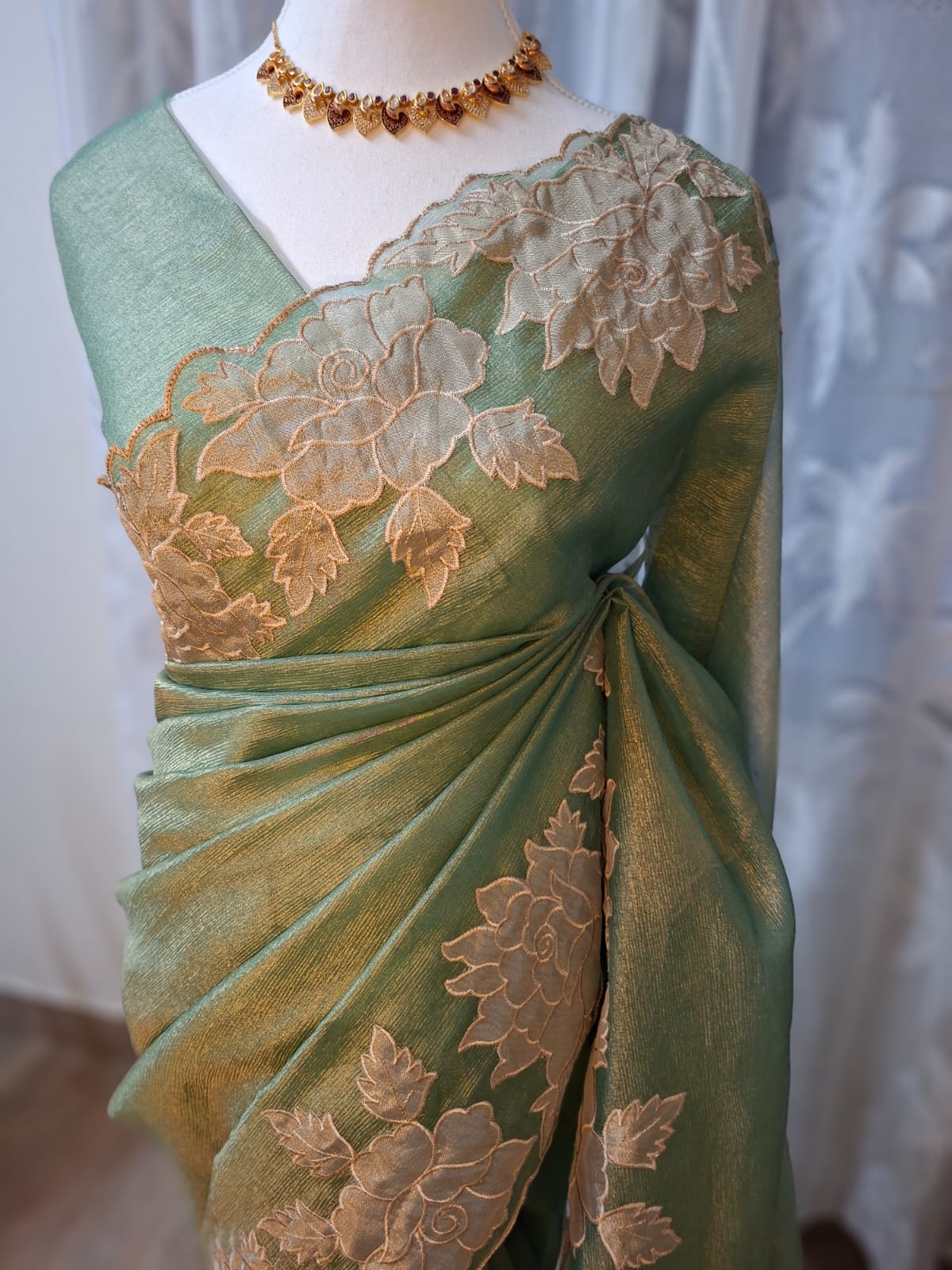 Sage greeen CrushSilk saree with applique work