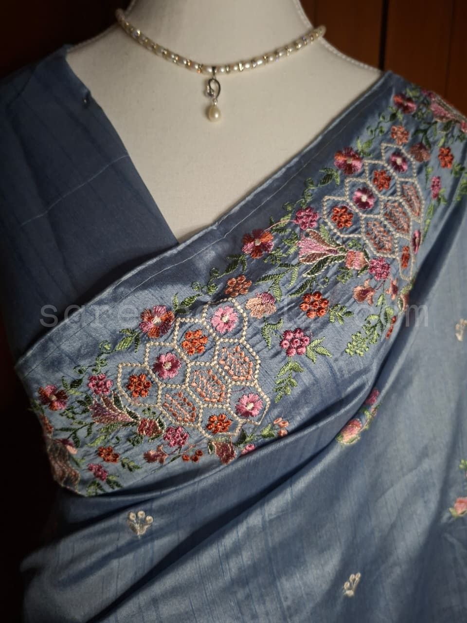 Embroidered Tussar -Blue - Saree Haveli Default Title