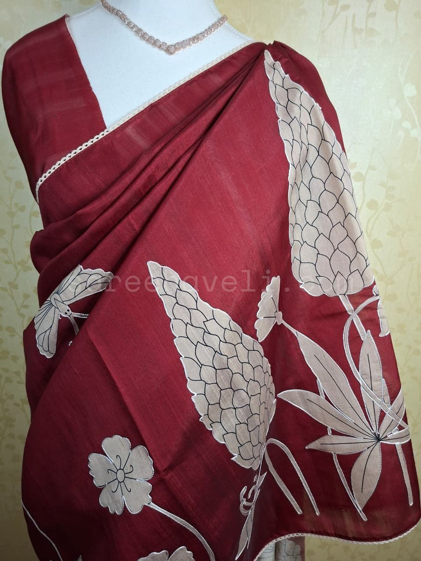 Maroon Leaf Appliqué Tussar - Saree Haveli Default Title