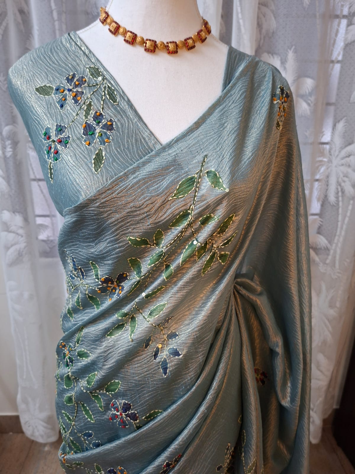 Crush silk Saree with Kantha Embroidery