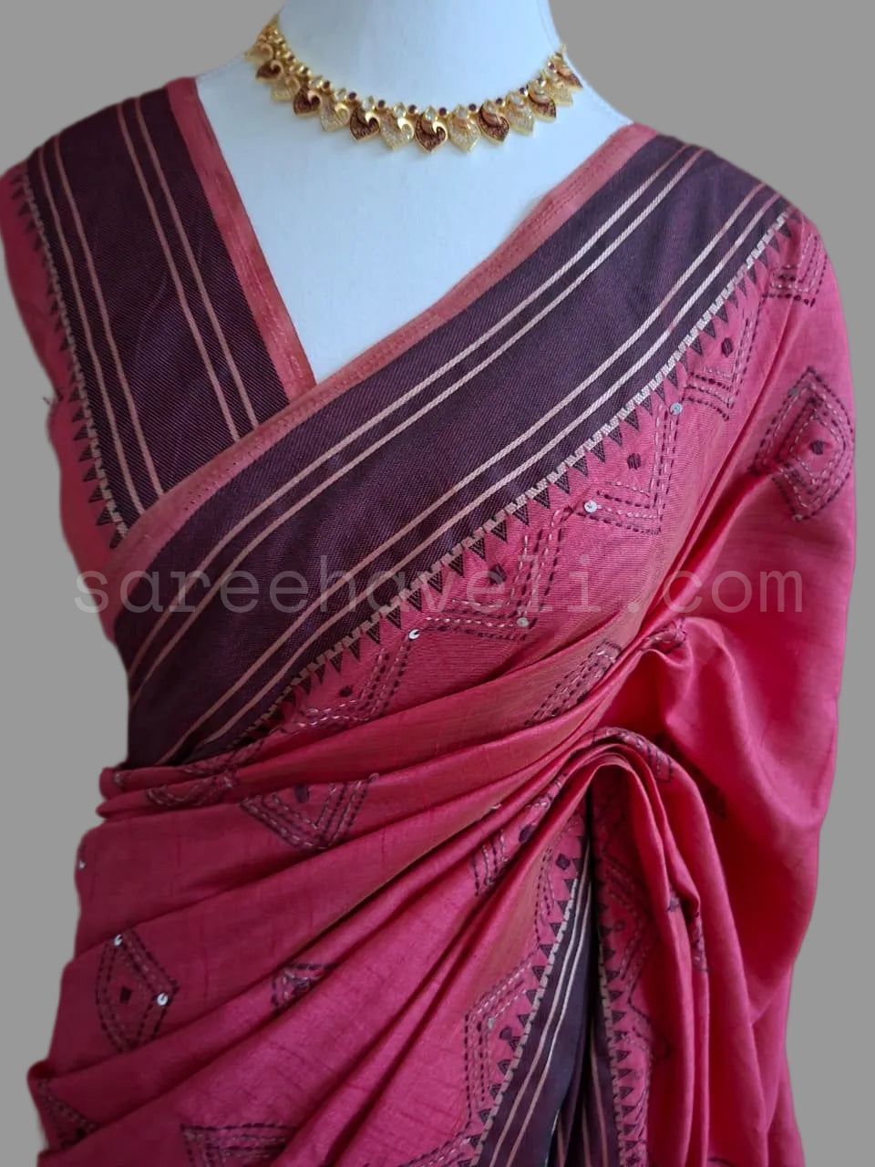 Soft Tussar Saree with Geometric Motifs and Contrast Border - Saree Haveli Default Title