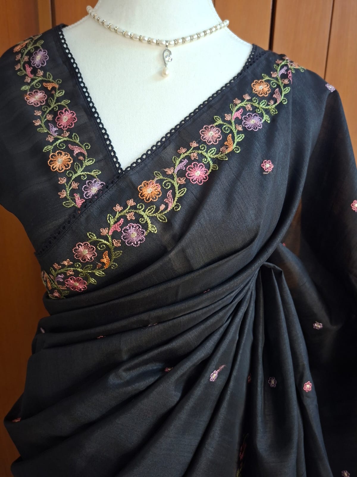 Black Tussar Saree with multicolored floral vine Embroidery