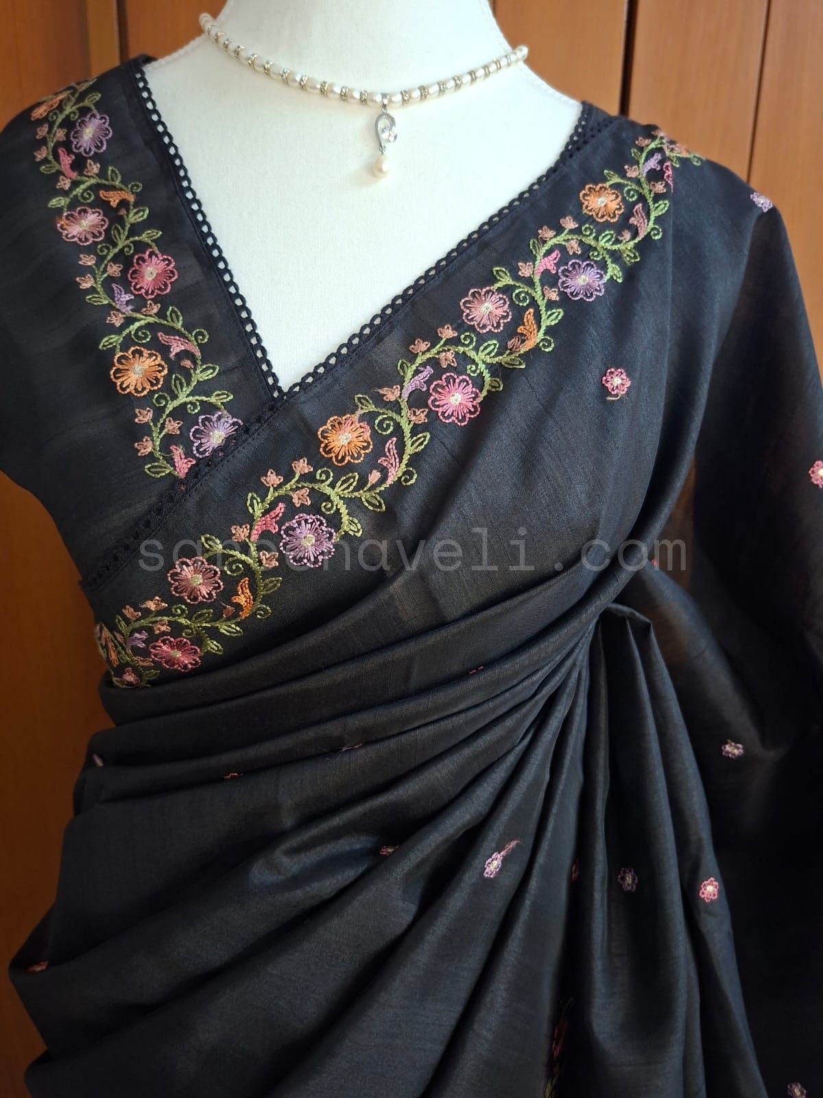 Black Tussar Saree with multicolored floral vine Embroidery - Saree Haveli Default Title