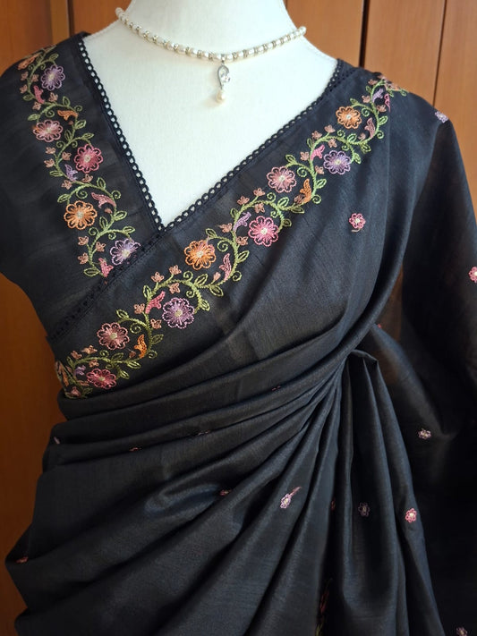 Black Tussar Saree with multicolored floral vine Embroidery